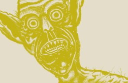 An illustrated version of the Mill Monster. It's an illustration in yellow with big eyes, pointed ears and fang-like teeth.