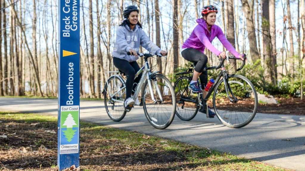 Two people wearing helmets biking side by side on a greenway.