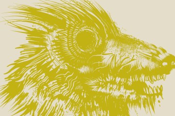 A yellow illustrated dog monster against a cream background with the text Black Horse Dog and Camp Monsters Podcast in the left hand corner of the illustration.