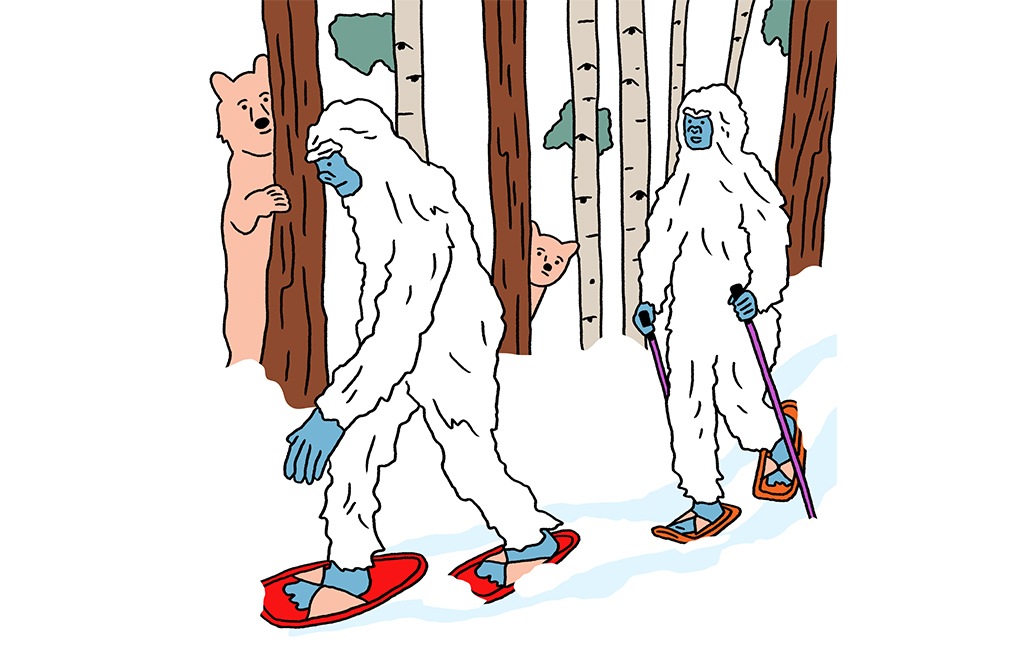 yetis snowshoeing past bears