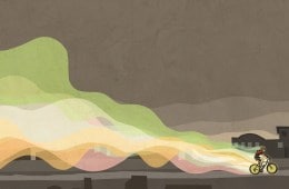 Illustration of girl riding a bike through a city.