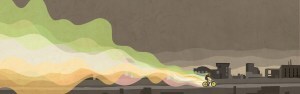 Illustration of girl riding a bike through a city.