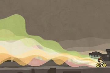Illustration of girl riding a bike through a city.