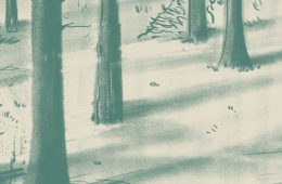 Illustration of a man leaning against a tree in a forest.