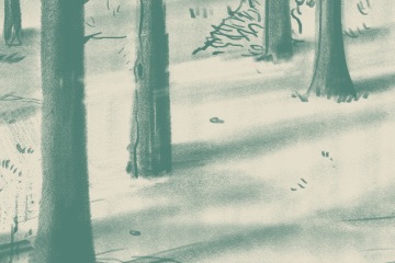 Illustration of a man leaning against a tree in a forest.