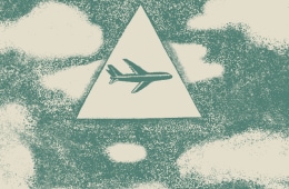 a plane in the middle of a triangle with a cloud covered backdrop