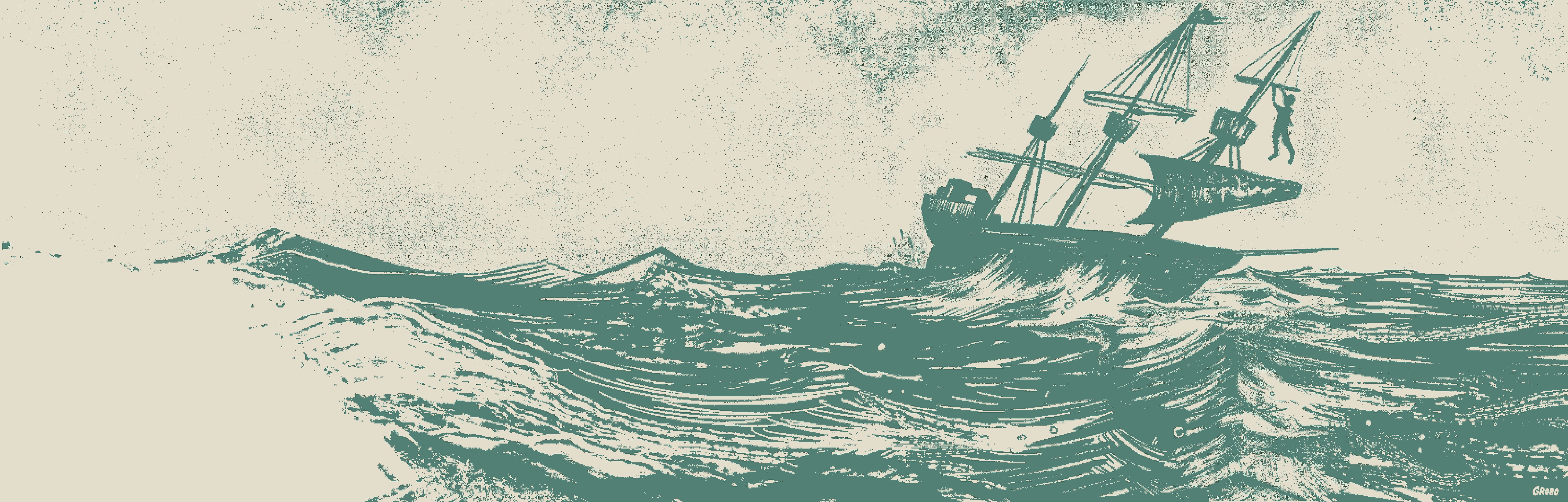 a green ship sailing on a big wave in the ocean