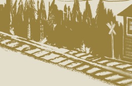 sketch of an old signal cabin next to a rail road with trees all around