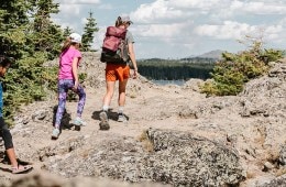 A family hikes together.
