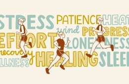 Illustrated image of a person running across text that reads "Stress, patience, heat, effort, wind, progress, loneliness, recovery, illness, healing, sleep"
