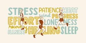 Illustrated image of a person running across text that reads "Stress, patience, heat, effort, wind, progress, loneliness, recovery, illness, healing, sleep"