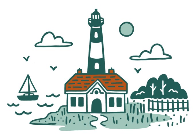A spot illustration of Fire Island, including a light house by the water, a sailboat in the water, and a small forest on land. 