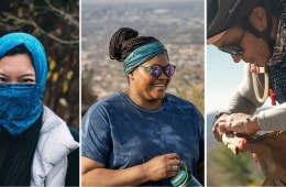 Three ways to wear a Buff: covering the face and top of head, as a headband and as a neck gaiter.