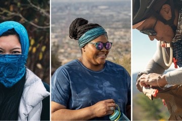 Three ways to wear a Buff: covering the face and top of head, as a headband and as a neck gaiter.