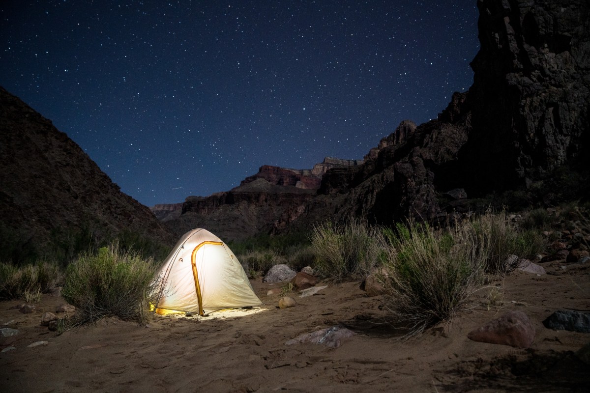 A picture of an illuminated tent at night in the Great Smoky Mountains National Park