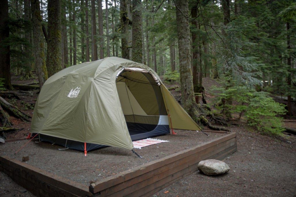 A tent at a designated campground.