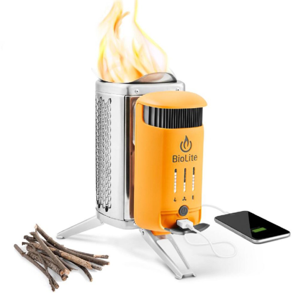 A product shot of a wood-burning camp stove