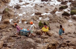 Four people walk along what looks like a rocky shoreline.