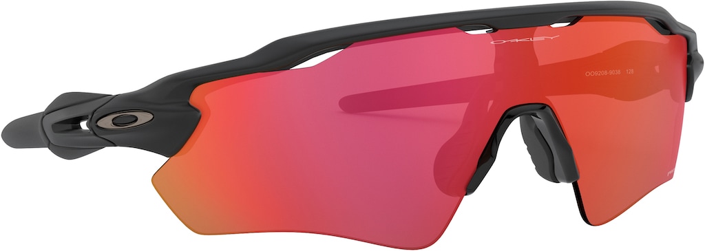A product image of the Oakley Radar EV Path sunglasses with black frames and reddish-pink lenses.