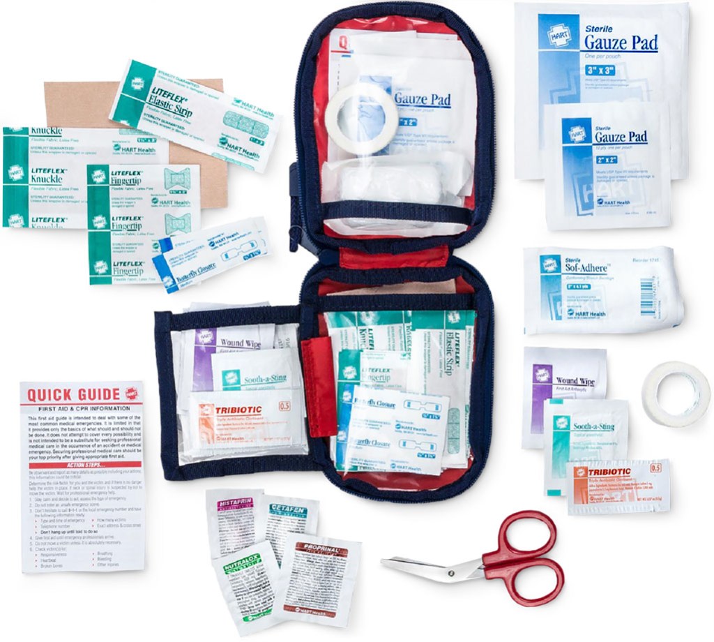An exploded view of a Hart Oudtoor Day Hike First-Aid Kit