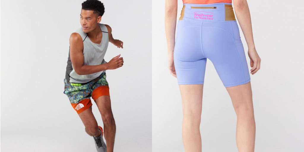 A panel with two images: On the left is a person in a running stance, wearing the The North Face Trailwear OKT shorts; on the right is a legs-down image of a person in The North Face Trailwear QTM Bike Shorts 