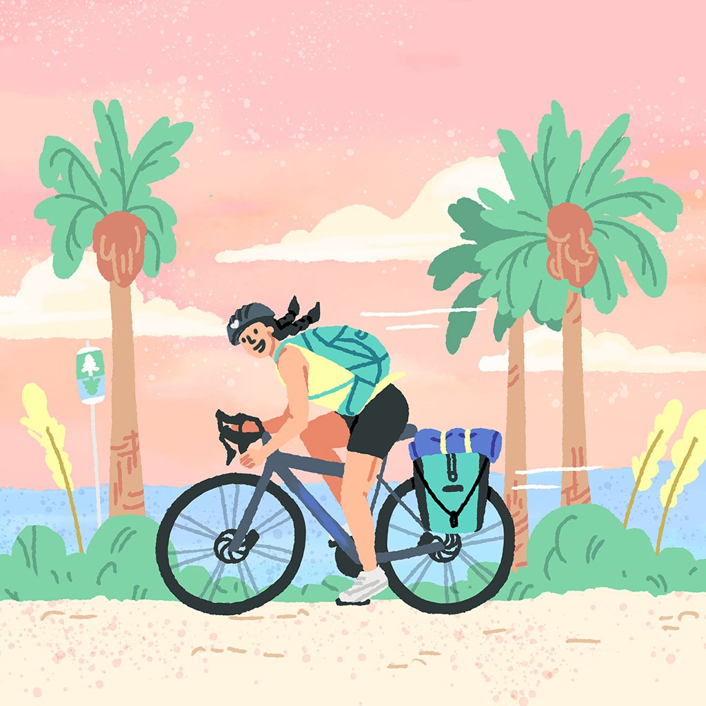 An illustration of a person on a bike with a green backpack, riding next to a body of water.
