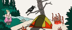 Illustration of a hiker sitting by a tent and a raven in a tree.