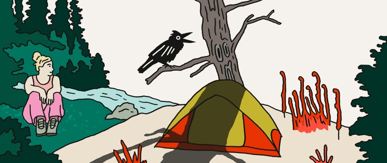 Illustration of a hiker sitting by a tent and a raven in a tree.