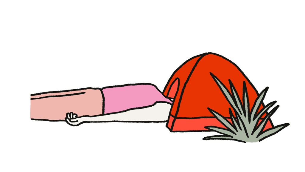 Illustration of person with pink shirt lying on ground with head in small red tent.