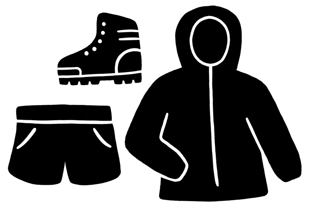 An illustration of various outdoor gear and apparel