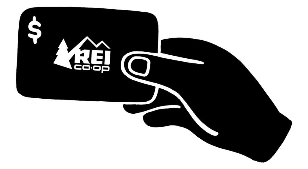 An illustration of a hand holding an REI gift card