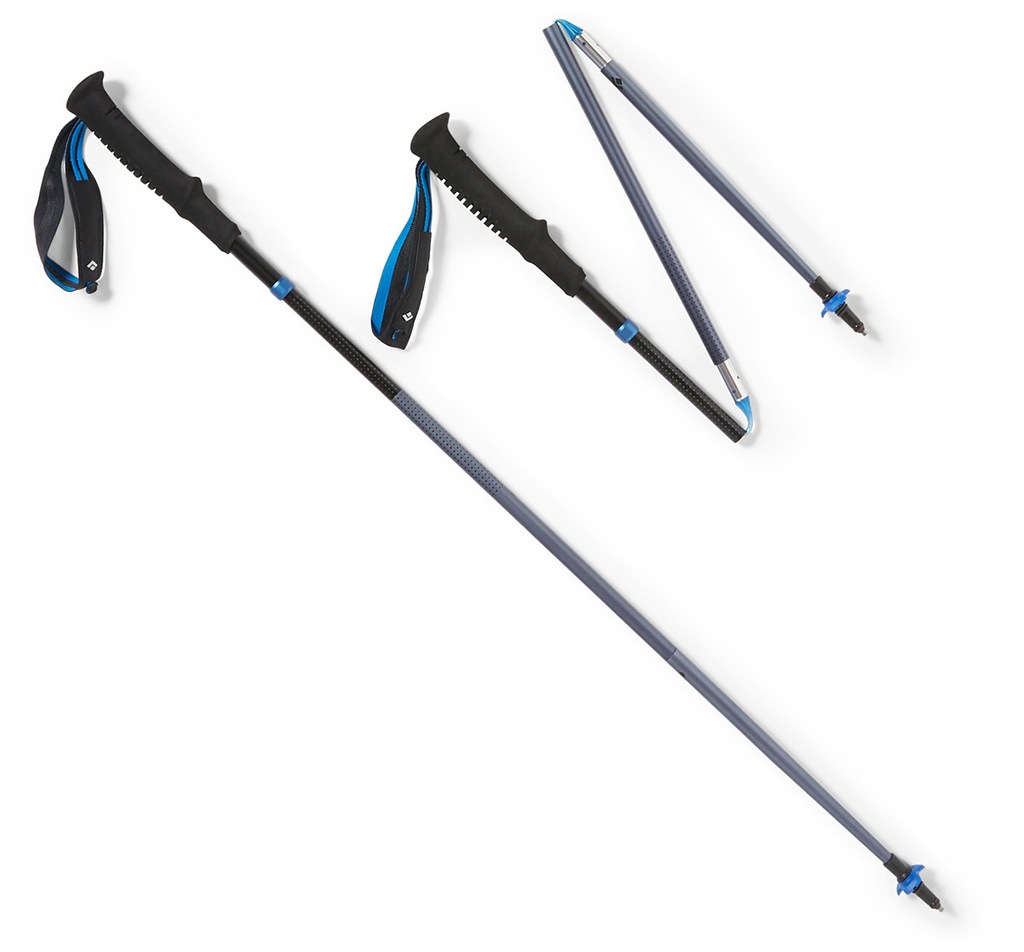 A pair of trekking poles, one folded and one fully extended