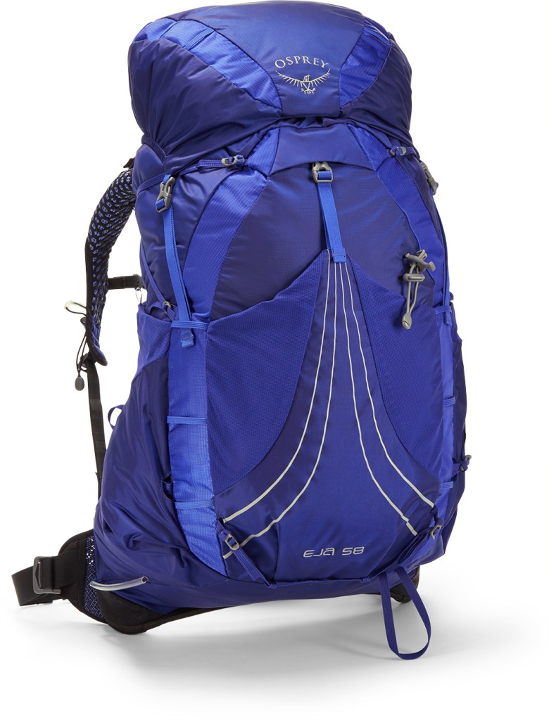 A purple backpacking pack against a white background