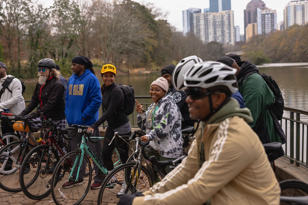 A group of cyclists meet up for a ride in Atlanta.