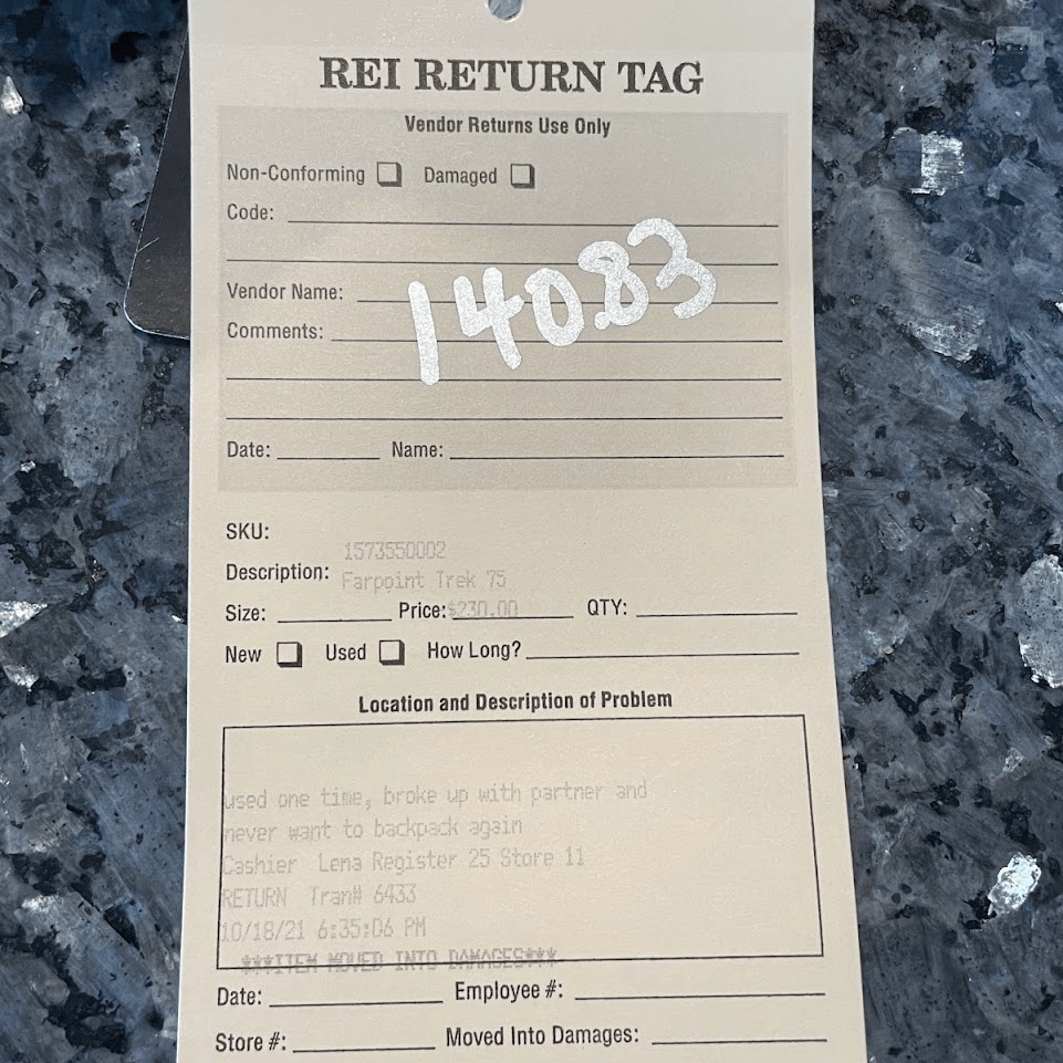 Photo of a return tag that reads, 