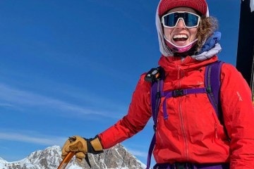 The author wears the Arcteryx Beta LT jacket along with ski mountaineering gear.