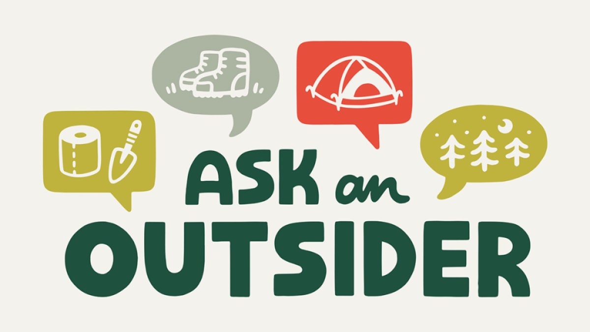 Illustrated text reads "Ask an Outsider" and is surrounded by colorful speech bubbles containing icons of camp-related items like a tent, a trowel, trees, etc.