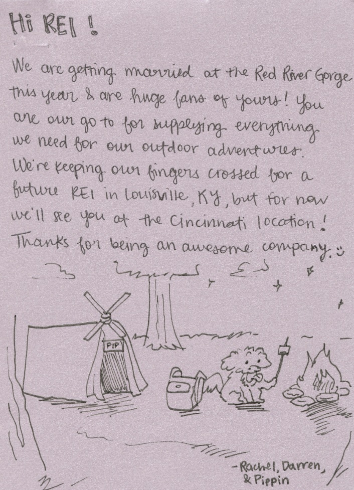 A handwritten note on lavender paper, with a drawing of a cartoon dog roasting marshmallows by a fire at camp.