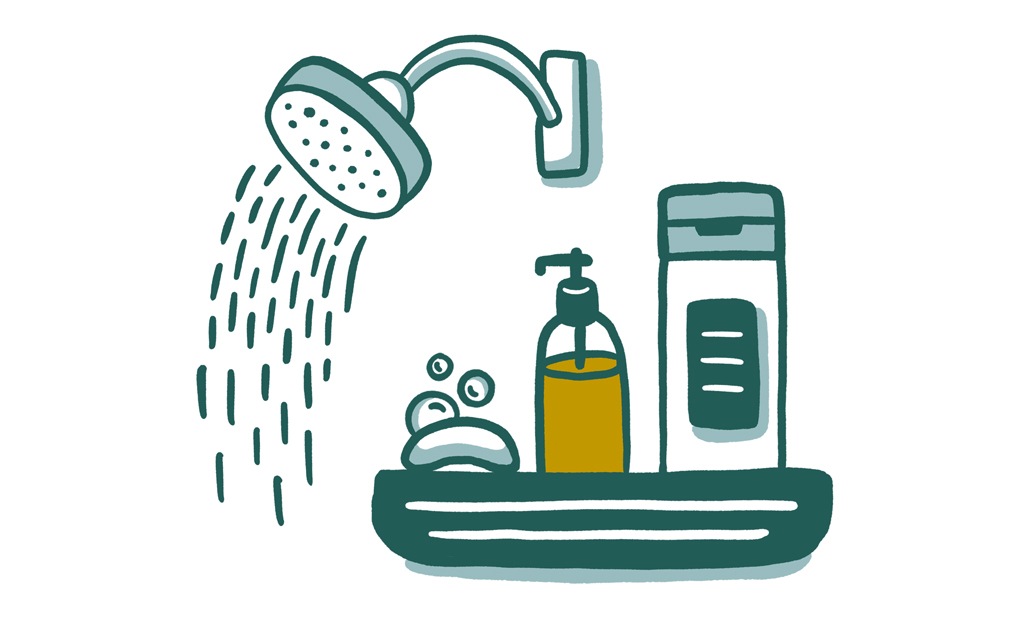 An illustration of a shower with a bar of soap and bottles of shampoo and conditioner.