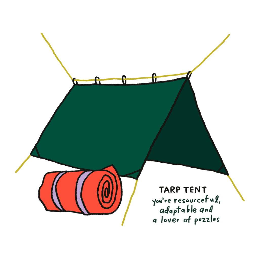 An illustration of a tarp shelter and a rolled up sleeping bag in front of it and the words "you're resourceful, adaptable and a lover of puzzles"