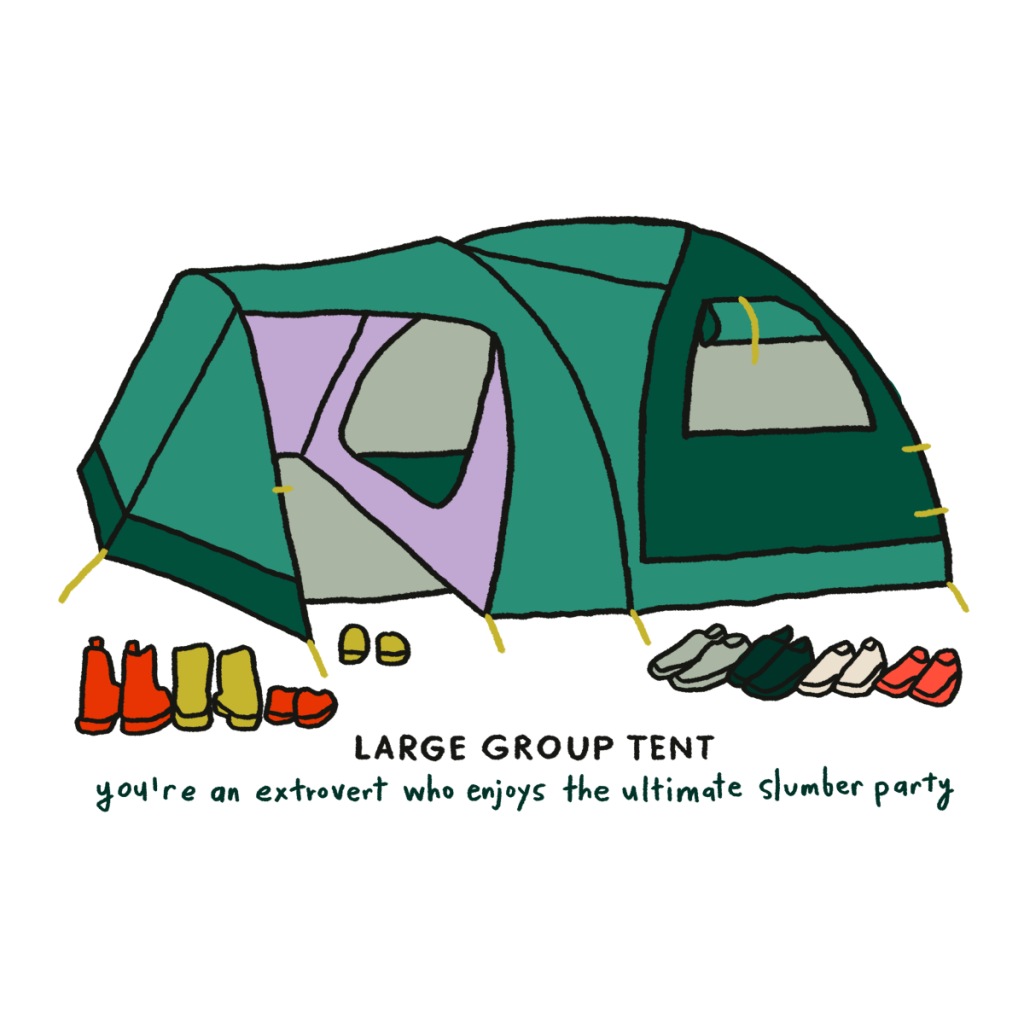 An illustration of a large camping tent with eight pairs of shoes in front of it. Words read: You're an extrovert who enjoys the ultimate slumber party
