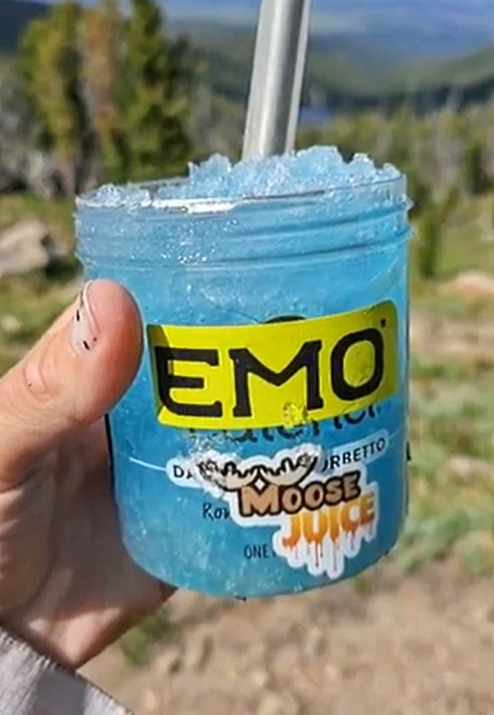 A small mason jar adorned with stickers that say "Emo" and "Moose Juice."