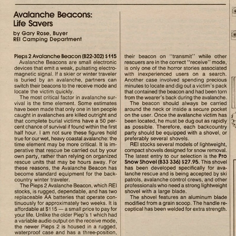 An old newsletter clipping showing a gear review about an avalanche beacon