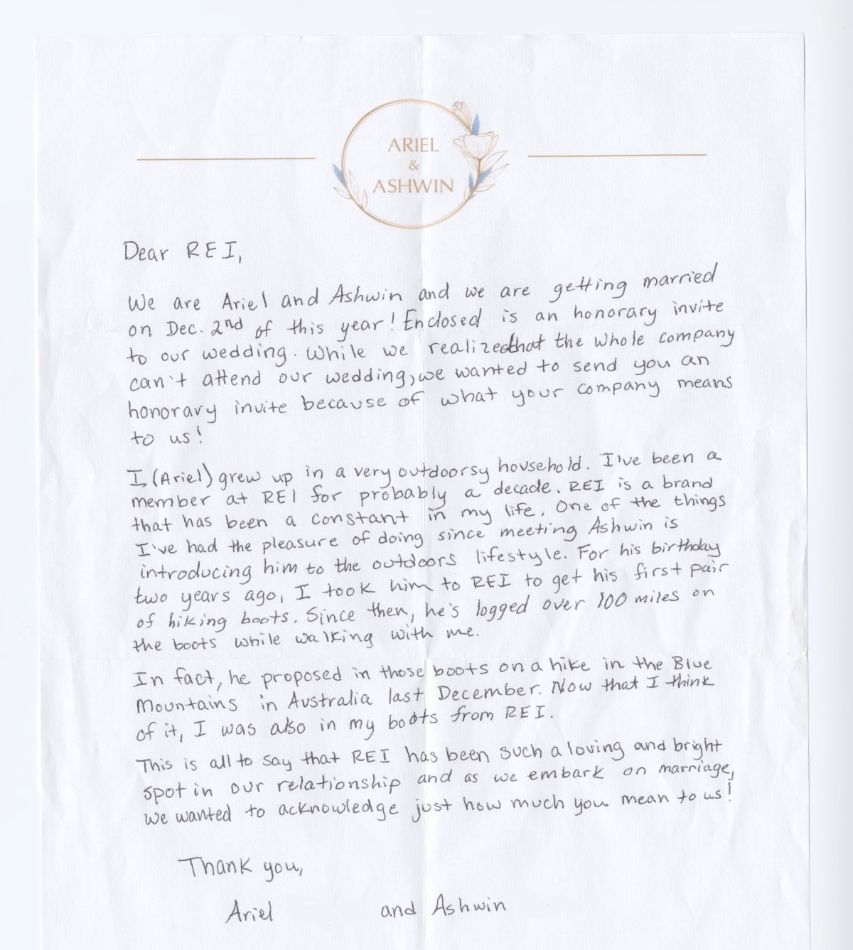 A handwritten note on personalized letterhead that reads "Ariel & Ashwin"