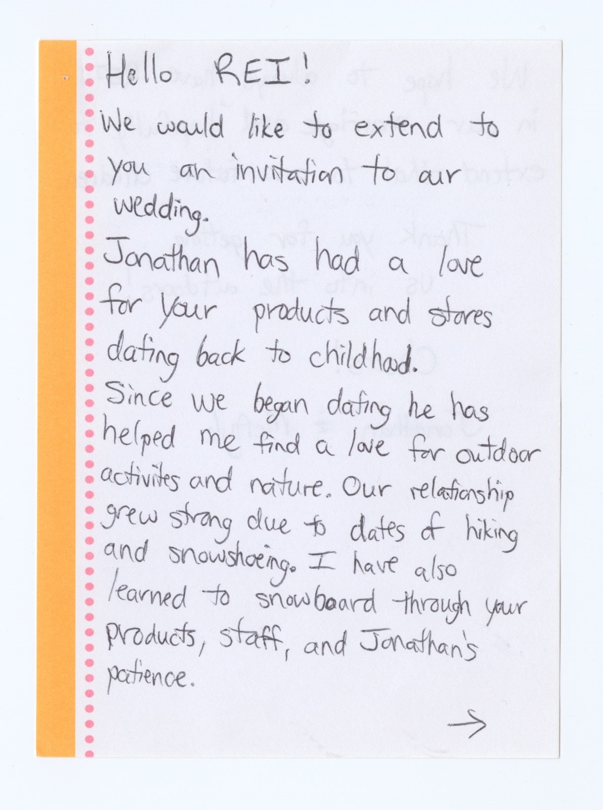 A piece of stationery with a golden left margin and a line of small pink circles.
