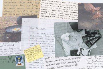 A collection of letters REI and photos showing various camping scenes, like s'mores ingredients.