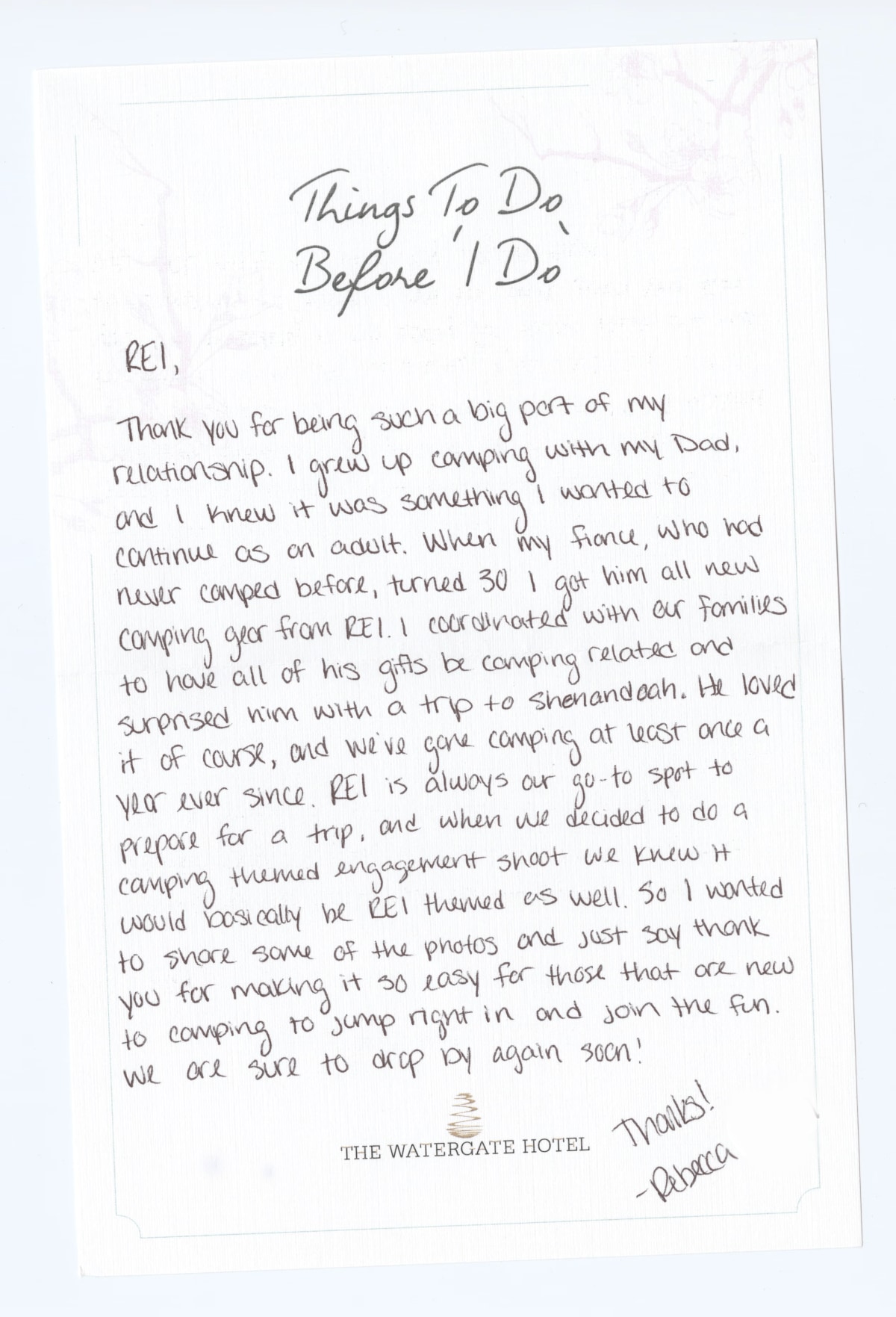 A hand-written note on a notecard with a floral design and the header "Things To Do Before I Do."