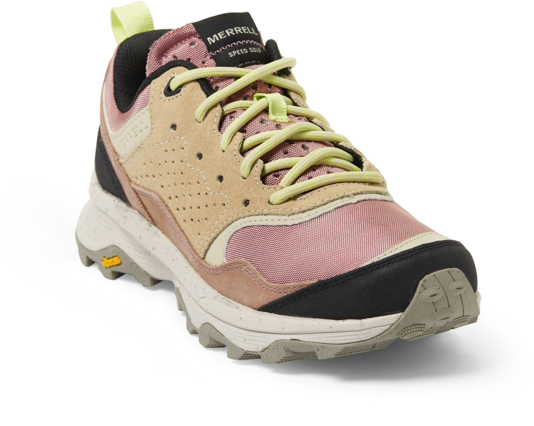 A pair of pink and brown Merrell Speed Solo Hiking Shoes