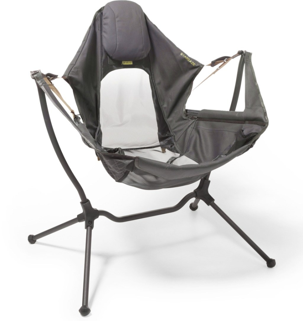 A gray hammock-style camp chair on a white background