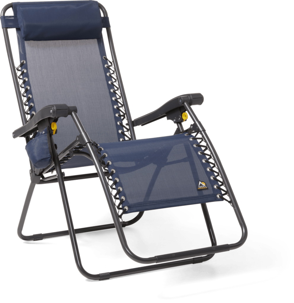 A dark blue reclining camp chair, sitting up.
